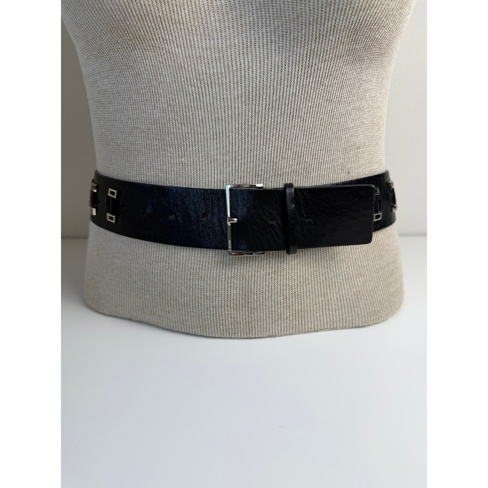 DKNY Womens Leather Wide Belt XL Black Silver Hardware Studded Statement 40"